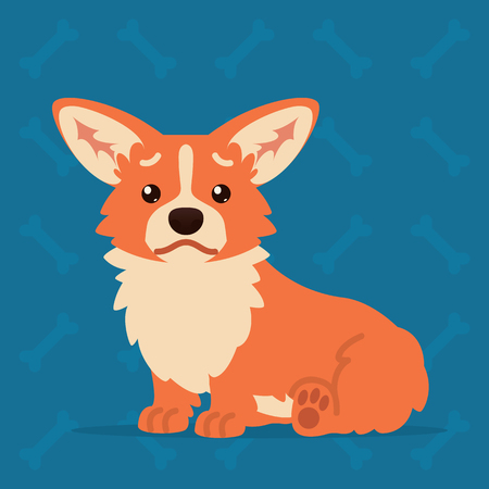 Cute Welsh Corgi sitting sad. Element for your design, print, chat, sticker. Emoji. Vector illustration of Corgi dog shows unhappy emotion in flat cartoon style on blue background. Emoticon.のイラスト素材