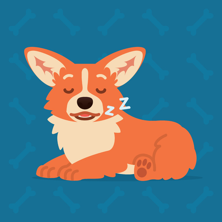 Cute Welsh Corgi lay and sleep. Element for your design, print, chat, sticker. Emoji. Vector illustration of Corgi dog shows relaxing emotion in flat cartoon style on blue background. Emoticonのイラスト素材