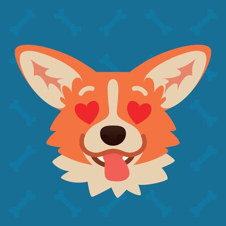 Corgi dog emotional head. Vector illustration of cute dog in flat style shows enamored emotion. In love emoji. Smiley icon. Chat, communication, print, sticker. Object on blue background. Amorous.のイラスト素材