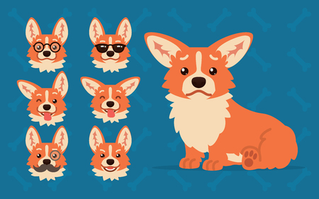 Cute Welsh Corgi constructor. Vector illustration of Corgi dog sitting and its head shows different emotions in flat cartoon style on blue background.のイラスト素材