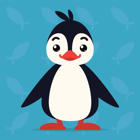 Cute penguin standing and smiling. Vector illustration of arctic bird shows happy emotion. Smile emoji. Smiley icon. Print, chat, communication. Penguin in flat cartoon style on blue background.のイラスト素材