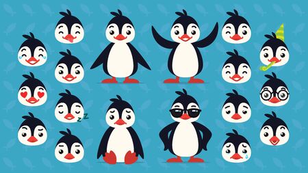 Cute penguin constructor. Vector illustration of arctic bird in different poses and its head shows emotions. Smiley. Print, chat, communication. Penguin in flat cartoon style on blue backgroundのイラスト素材