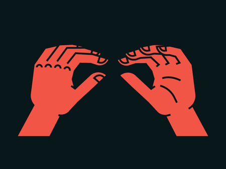 Gesture. Lizard sign. Stylized hand for geek hand game. Icon. Vector illustration on a dark grey background. Orange silhouette. Element for your design.の写真素材