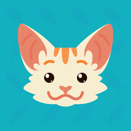 Cat emotional head. Vector illustration of cute kitty shows positive emotion. Smile emoji. Smiley icon. Print, chat, communication. White cat with red stripes in flat cartoon style on blue background.のイラスト素材