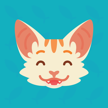 Cat emotional head. Vector illustration of cute kitty shows positive emotion. Lauhg emoji. Smiley icon. Print, chat, communication. White cat with red stripes in flat cartoon style on blue background.のイラスト素材
