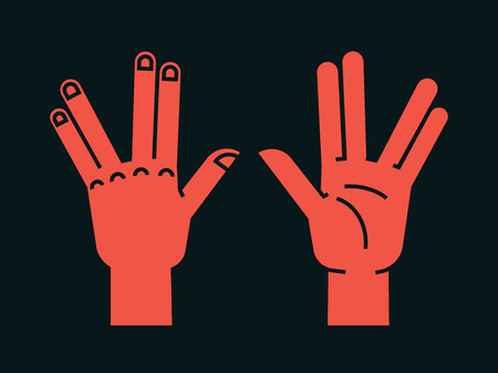 Gesture. Spock sign. Vulcan greet. Stylized hand for geek hand game. Icon. Vector illustration on a dark grey background. Orange silhouette. Element for your designの写真素材