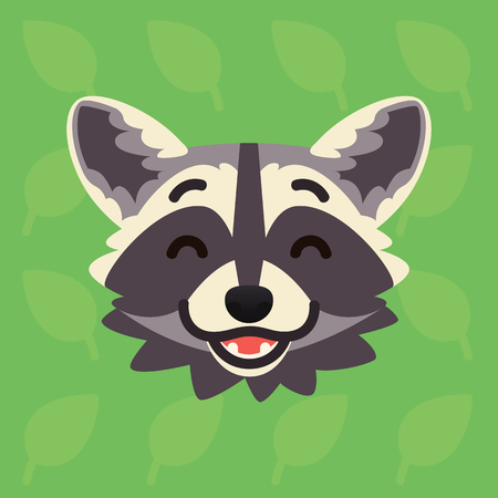 Racoon emotional head. Vector illustration of cute coon shows happy emotion. Laugh emoji. Smiley icon. Print, chat, communication. Grey raccoon in flat cartoon style on green background with leaves.のイラスト素材