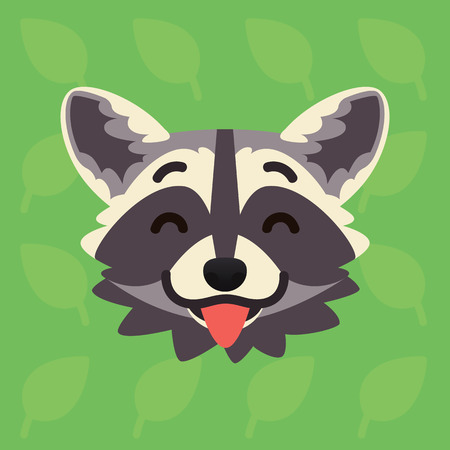 Racoon emotional head. Vector illustration of cute coon shows tongue. Playful emotion. Lick emoji. Smiley icon. Print, chat, communication. Grey raccoon in flat cartoon style on green backgroundのイラスト素材