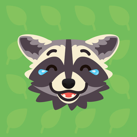 Racoon emotional head. Vector illustration of cute coon shows laugh out loud emotion. Laughter with tears emoji. Smiley icon. Print, chat, communication. Grey raccoon in flat cartoon styleのイラスト素材