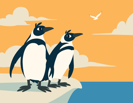 Cute penguins. Family of arctic birds look into the distance against the sky with clouds and seagull. Colorful vector illustration of two penguins in flat cartoon style on antarctic sunrise seascape.のイラスト素材