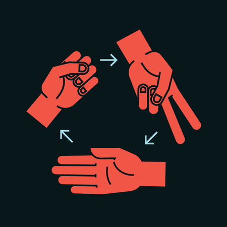 Rock, Scissors, Paper. Gestures. Stylized hands in form of objects for hand game. Vector illustration on dark background. Orange-red silhouette. Icon. Rules.のイラスト素材