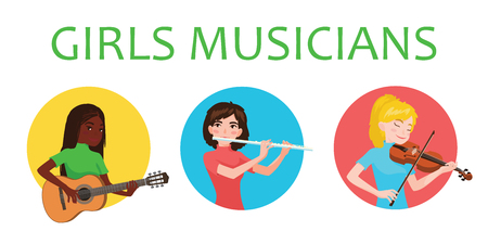Musicians girls of different nations is inspired to play musical instruments. Violinist, flutist, guitarist. Vector illustration in flat cartoon style on white background for your design, print.のイラスト素材