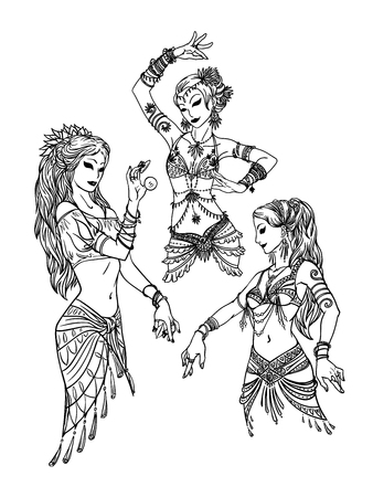 Set of Tribal Dancer Girls. Vector Illustration in Hand Drawn Style for Your Design and Artworks. Different Poses of Belly Dancer Girls in Tribal Costumes with Accessoriesの写真素材