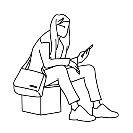 A woman with backpack sitting on cube, looking at mobile phone. Vector illustration of girl checking social networks. Concept. Sketch. Line art. Black lines on white background. Virtual communication.のイラスト素材