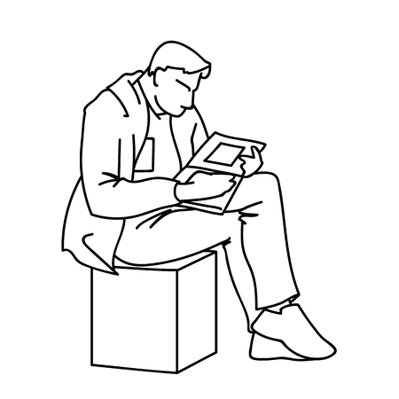 An adult man is reading a book sitting on a cube. Vector illustration of a man gazing intently into a magazine or journal with square art. Concept. Sketch. Linear art. Black lines on white background.のイラスト素材