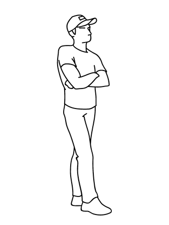 Man standing, arms crossed at chest. Black lines isolated on white background. Consept. Vector illustration of man in baseball cap in simple line art style. Monochromatic hand drawn sketchのイラスト素材