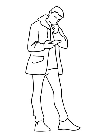 Man in windbreaker standing, attentively looking at mobile phone. Vector illustration of young man checking social networks or watching video. Concept. Black lines on white background.のイラスト素材