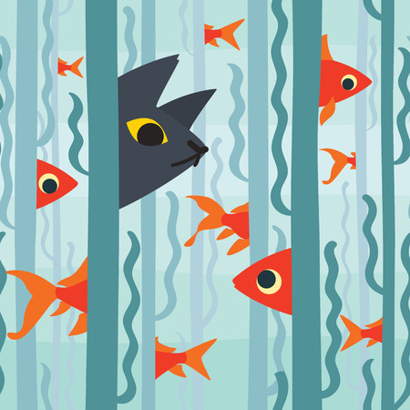 Curious kitty watching aquarium fish swimming among seaweed. Conceptual artwork. Vector illustration of kitty hunting fish in flat style. Element for your design, poster, card, print, pattern.の写真素材
