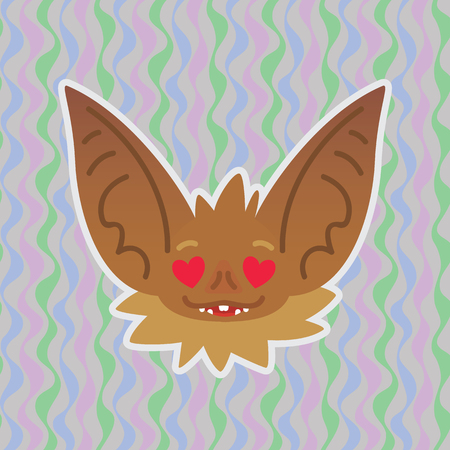 Halloween Bat smiley head with hearts in eyes. In love. Vector illustration of bat-eared brown snout shows enamored emotion. Amorous emoji. Halloween decoration, print, sticker, chat, communication.のイラスト素材