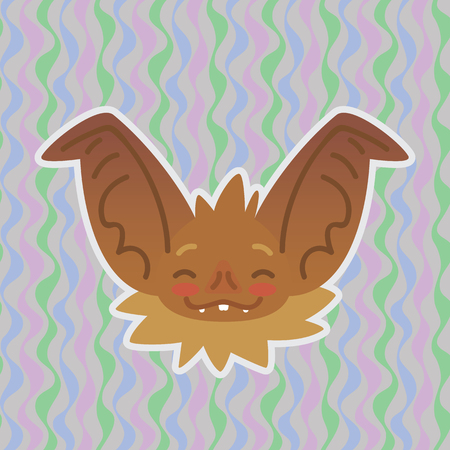 Halloween Bat smiley head got blushed. Vector illustration of bat-eared brown snout with red cheeks shows shy emotion. Blushing emoji. Halloween decoration, print, sticker, chat, communicationのイラスト素材