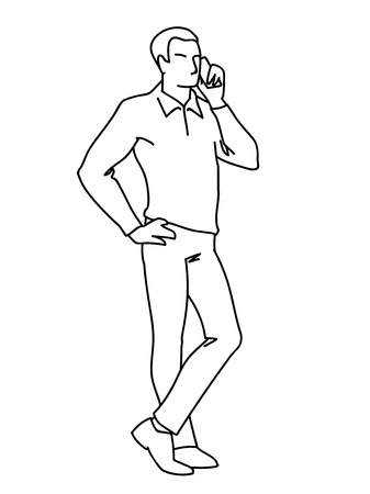 Man standing and talking on the phone. Front view. Monochrome vector illustration of adult man in shirt calling by phone in simple line art style. Black lines isolated on white background. Conceptのイラスト素材