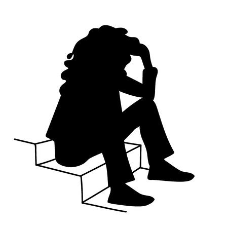 Woman with curly hair sitting on stairs. Stencil. Vector illustration of black silhouette of sitting girl isolated on white background. Student. Concept. Monochromous minimalism.のイラスト素材