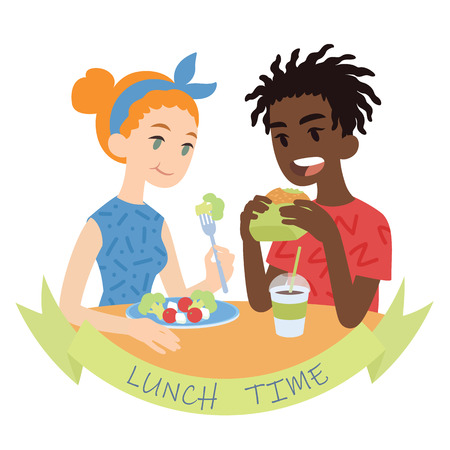 Couple eating. Vector illustration of multicultural pair in flat cartoon style on white background. African boy biting burger and european girl eating fresh salad. Romantic lunchのイラスト素材