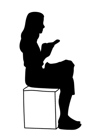 Woman sitting on box, looking at mobile phone. Vector illustration of silhouette of girl checking social networks. Concept. Stencil. Black silhouette on white background. Virtual communication.のイラスト素材