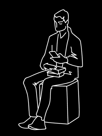 Man sitting on cube with some books looking at smartphone. White lines on black background. Vector illustration of man searching information in simple line art style. Monochromatic hand drawn sketchのイラスト素材