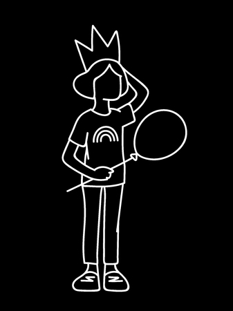Little girl in crown with balloon in her hand. White lines isolated on black background. Concept. Vector illustration of little girl in simple line art style. Monochromatic hand drawn sketchのイラスト素材