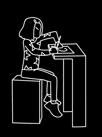 Little girl sitting at table and drawing or writing on list of paper. White lines on black background. Vector illustration of little girl in simple line art style. Monochromatic hand drawn sketchのイラスト素材