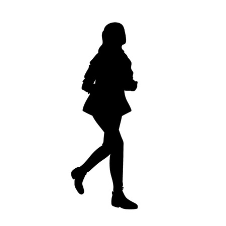Teenage girl with long hair running. Black silhouette isolated on white background. Concept. Vector illustration of girl runner in streetwear. Stencil. Monochrome minimalismのイラスト素材