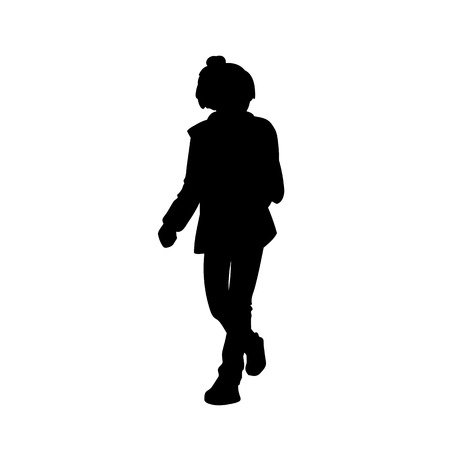 Cute teen girl taking a walk. Black silhouette isolated on white background. Side view. Monochrome vector illustration of teenage girl  walking. Concept.のイラスト素材