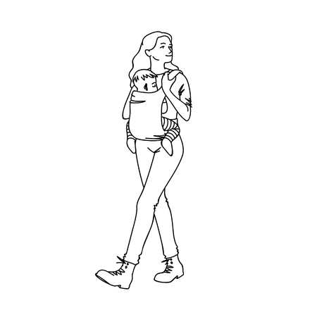 Young mother with baby carrier taking a walk with her baby. Black lines isolated on white background. Concept. Vector illustration of woman with child in simple line art style. Hand drawn sketchのイラスト素材