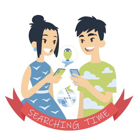 Couple searching for a route to museum or shop with vases. Vector illustration of asian boy and girl looking at each other with smartphones in their hands on white background. Flat cartoon styleのイラスト素材
