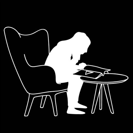Woman sitting on soft armchair in front of coffee table, reading magazine. Vector illustration of silhouette of girl closely peering into book. Concept. Stencil. White silhouette on black background.のイラスト素材