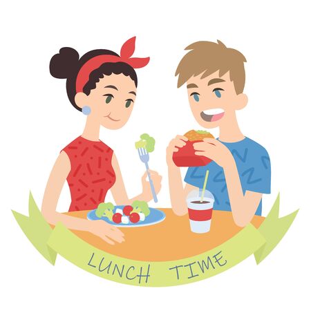 Couple eating. Vector illustration of multicultural pair in flat cartoon style on white background. European boy biting burger and caucasian girl eating fresh salad. Romantic lunchのイラスト素材