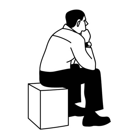 Man sitting on box. View from the back. Black lines isolated on white background. Concept. Vector illustration of serious man sitting on cube putting elbows on his knees in simple sketch style.のイラスト素材