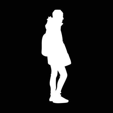 Young man in warm jacket, jeans and sneakers standing. White silhouette isolated on black background. Side view. Monochrome vector illustration of young man with backpack. Concept.のイラスト素材