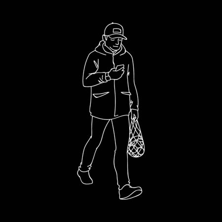 Adult man walking, looking at his smartphone. White lines on black background. Monochrome vector illustration of man returns from the supermarket with a package of fruit in simple line art styleのイラスト素材