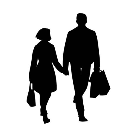 Tall man with packages and woman walking with him by the hand. Black silhouette isolated on white background. Front view. Monochrome vector illustration of couple of young people shopping. Concept.のイラスト素材