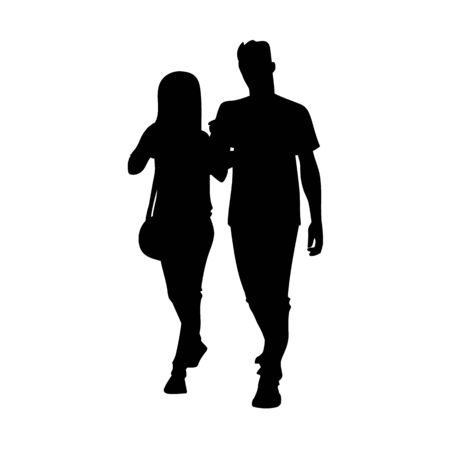 Tall sporty man and woman taking a walk together. Black silhouette isolated on white background. Front view. Monochrome vector illustration of couple of young people walking. Concept.のイラスト素材