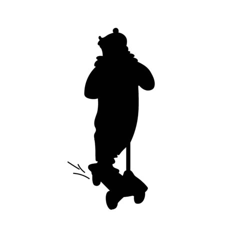 Girl in jumpsuit riding a scooter. Black silhouette isolated on white background. Front view. Monochrome vector illustration of little girl on a scooter. Concept.のイラスト素材