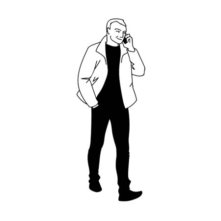 Adult man in jacket walking. Front view. Monochrome vector illustration of man taking a walk and talking on the phone in simple line art style. Hand drawn sketch isolated on white background. Concept.のイラスト素材