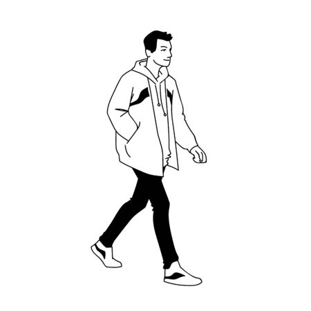 Young man in jacket, jeans and sneakers walking. Side view. Monochrome vector illustration of sprty man taking a walk in simple line art style. Hand drawn sketch isolated on white background. Conceptのイラスト素材