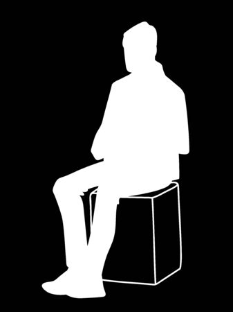 Man sitting on box. Stencil. Vector illustration of white silhouette of man isolated on black background. Concept. Monochromatic minimalism.のイラスト素材