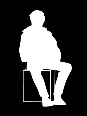 Man sitting on box. Monochromatic minimalism. Stencil. Vector illustration of white silhouette of man isolated on black background. Concept.のイラスト素材