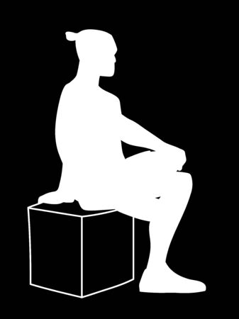 Man sitting on box with one foot up on knee. Stencil. Concept. Vector illustration white silhouette of man isolated on black background. Monochromatic minimalism.のイラスト素材