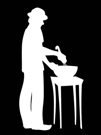 Man in hat prepares food. Guy standing, stirring ingredients in bowl. Vector illustration of white silhouette of man cooks cookies isolated on black background. Stencil. Concept.のイラスト素材