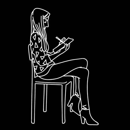 A woman sitting on hair, writing something in her copybook. Vector illustration of girl in with pen and notebook. Sketch. Line art. White lines on black background. Student note-taking lection.のイラスト素材